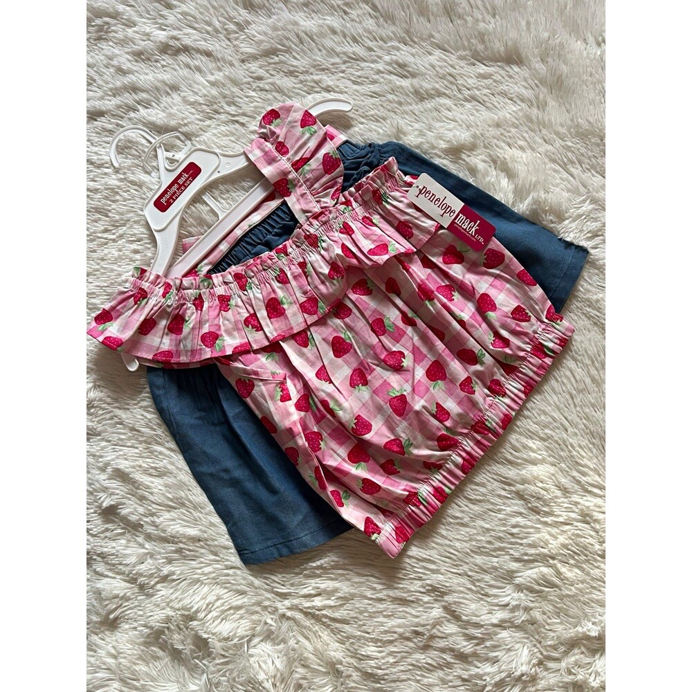 Penelope Mack Girls 2-Piece Shorts Set Strawberry Gingham Top Denim Shorts 10